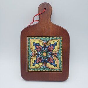 Wood Floral Ceramic Tile Handled Trivet or Hanging Decor